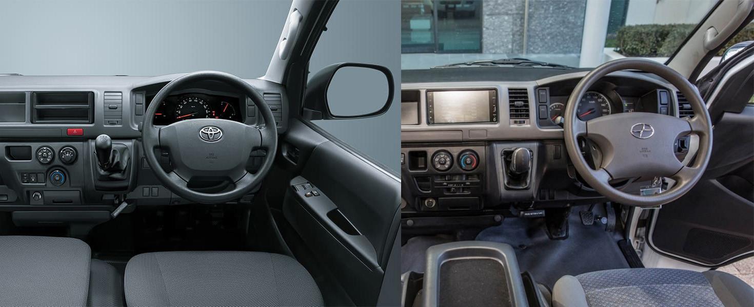 (Kiri) Interior Toyota HiAce Commuter dan (Kanan) interior Joylong E6 (TAM, carscoops.com)
