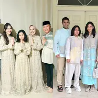 Keluarga Teungku Wisnu dan Shireen Sungkar memilih baju sarimbit berwarna lilac dari brand sendiri, Shi by Shireen di momen Lebaran. [@shibyshireen]