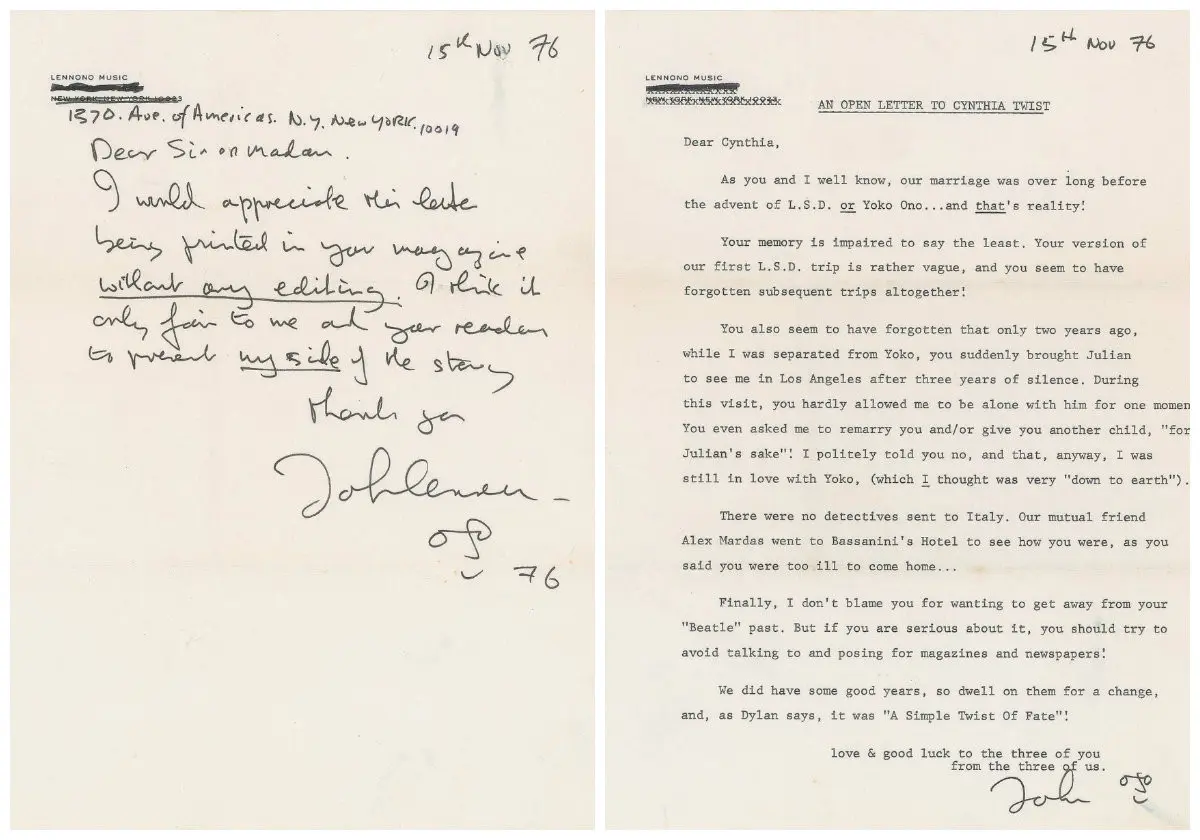 Surat Pembelaan Diri John Lennon atas Perselingkuhannya Terkuak (RRAuction)