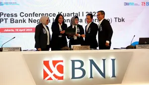 Konfrensi pers laporan keuangan kuartal I 2023 PT Bank Negara Indonesia (Persero) Tbk (BBNI), Selasa (18/4/2023). (Foto: BNI)