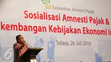 Menteri Keuangan (Menkeu) Bambang Brodjonegoro saat memberikan sambutan dalam acara sosialisasi amnesty pajak dan perkembangan kebijakan ekonomi Indonesia di Jakarta, Selasa (26/7). (Liputan6.com/Angga Yuniar)