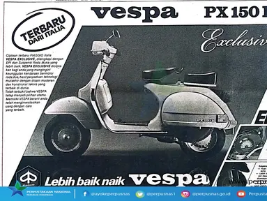 Iklan Vespa PX 150 E ini lansiran tahun 1983. Vespa tetap hadir dengan semboyan "Lebih baik naik Vespa". (Source: Facebook/Perpustakaan Nasional)