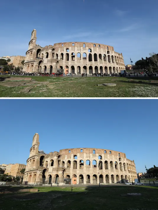 Pemandangan Colosseum pada 6 Maret 2019 (atas) dan 16 Maret 2020 di Roma, Italia. Italia pada 31 Januari lalu mengumumkan keadaan darurat selama enam bulan akibat pandemi virus corona COVID-19. (Xinhua/Cheng Tingting)