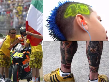 Berikut ini foto-foto yang menunjukan beragam aksi fanatisme dari penggemar pebalap MotoGP, Valentino Rossi. (Kolase foto-foto dari AFP)