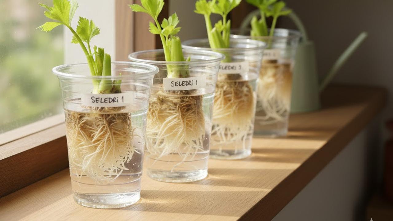Gelas Plastik Bekas Minuman untuk menanam seledri (Gemini AI)