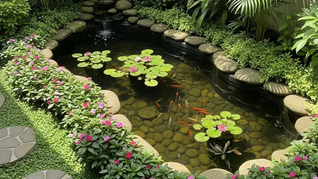 6 Desain Kolam Ikan Ramah Anak dengan Sudut Membulat dan Pagar Alami