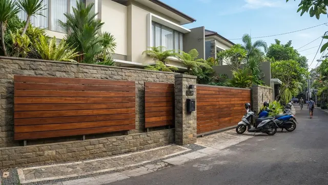 Model pagar kombinasi kayu dan batu untuk fasad natural sehingga hunian jadi tampil segar kekinian desain kayu horizontal dengan latar batu alam
