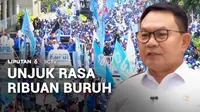Sejumlah buruh dari berbagai serikat menggelar unjuk rasa di kawasan Sudirman-Thamrin, Jakarta Pusat, pada Kamis siang. Massa mendesak pengesahan Rancangan Undang-Undang Perlindungan Ketenagakerjaan yang berpihak kepada buruh.