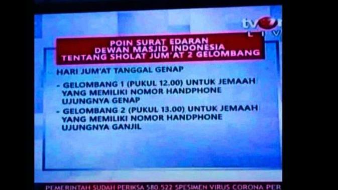 Cek Fakta Liputan6.com menelusuri informasi tentang aturan salat Jumat dua gelombang sudah diterapkan