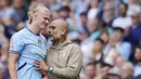 Erling Haaland langsung jauh memimpin daftar pencetak gol terbanyak Premier League 2024-2025 dengan total empat gol. (AP Photo/Dave Thompson)