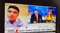 Aldi Taher menyanyikan lagu Yellow milik Coldplay saat diwawancara live di stasiun TV swasta. (Foto: Twitter @vaneeaye)
