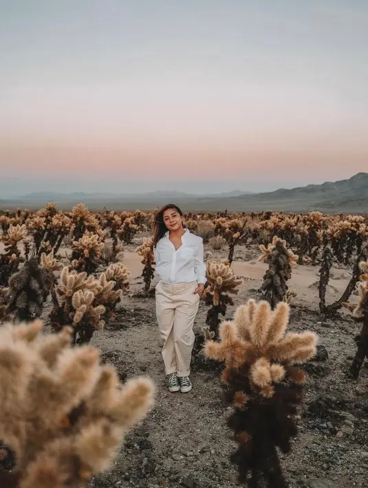 <p>Artis kelahiran 1994 ini terlihat memesona memadukan kemeja putih, celana krem, serta sepatu kets. (Instagram/indrapiw).</p>