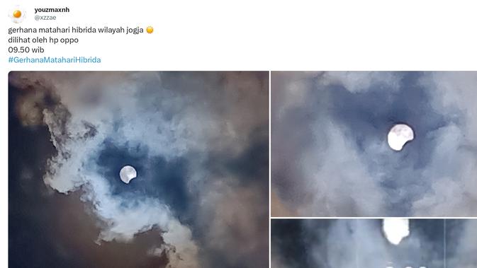 <p>Foto gerhana matahari hibrida bidikan warganet Twitter @xzzae (Foto: Twitter @xzzae).</p>