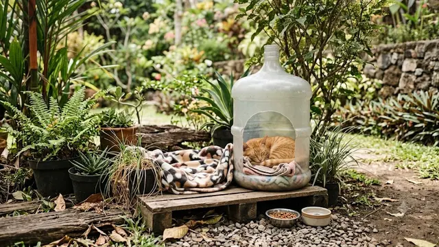 Ide DIY Rumah Kucing Outdoor dari Galon Bekas