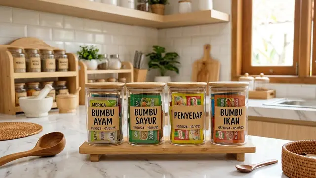Ide menata bumbu sachet agar mudah dicari dan tidak bikin dapur berantakan model pemberian label di setiap wadah
