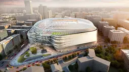 Visualisasi Stadion Santiago Bernabeu setelah direnovasi terlihat dalam gambar selebaran yang dirilis pada Selasa (2/4). Pengerjaan New Santiago Bernabeu akan dimulai pada musim panas mendatang. (Real Madrid/Handout via REUTERS)