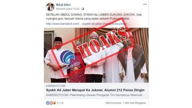 Hoaks Syekh Ali Jaber Dukung Jokowi. Dok: Kemkominfo