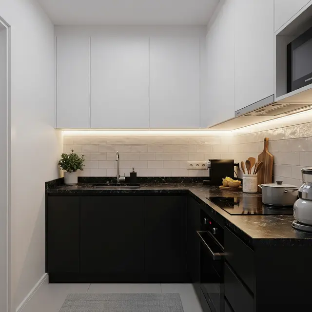 Dapur Minimalis Modern Hitam Putih di Rumah Tipe 36