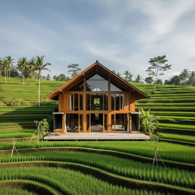 Inspirasi Fasad Rumah Desa dengan Kombinasi Kayu dan Atap Miring Minimalis