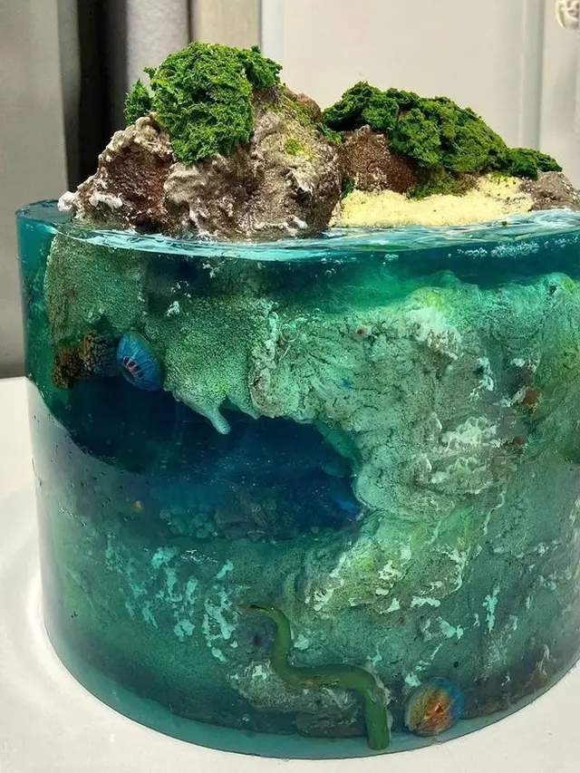 6 Potret Kue Ini Bak Sebuah Pulau, Semua Komponen Terlihat Sempurna