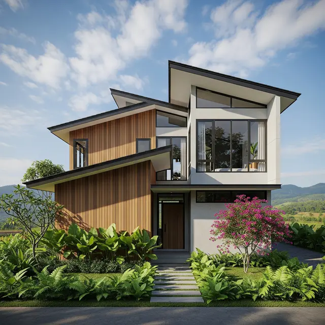 Rumah Pedesaan Minimalis Modern Atap Miring dan Taman Depan