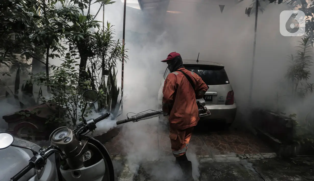 Petugas melakukan pengasapan (fogging) di halaman rumah warga, Pesanggrahan, Jakarta, Kamis (6/10/2022). Musim hujan menjadi waktu krusial bagi nyamuk untuk berkembangbiak. (Liputan6.com/Johan Tallo)