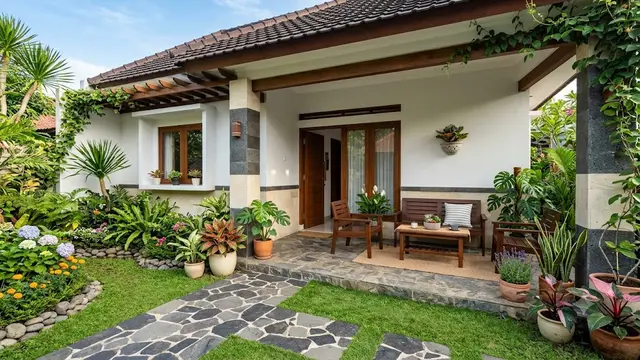 Inspirasi Teras Rumah Sederhana dengan Kombinasi Bunga Hias dan Batu Alam