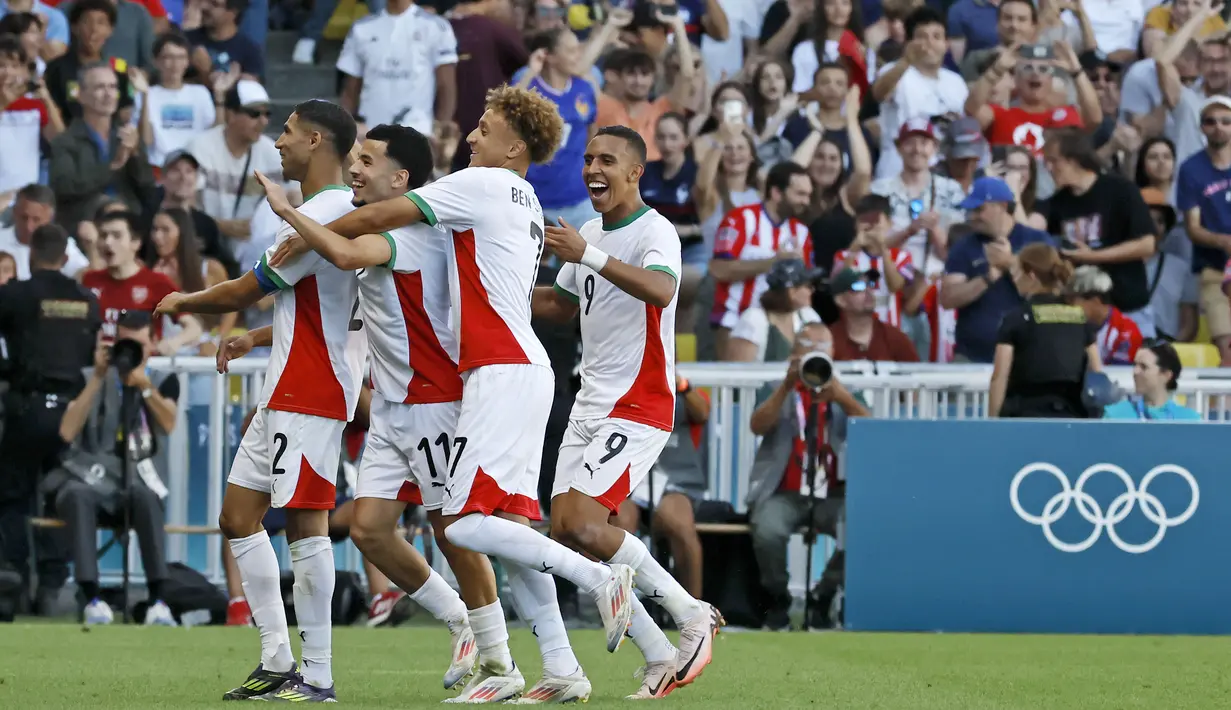 Enam gol Maroko dicetak oleh Abde Ezzalzouli, Soufiane Rahimi (2 gol), Bilal El Khannouss, Akram Nakach dan Achraf Hakimi. (AP Photo/Jeremias Gonzalez)