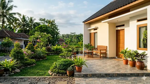 Contoh Rumah Desa dengan Teras Keramik Motif Batu dan Taman Mini