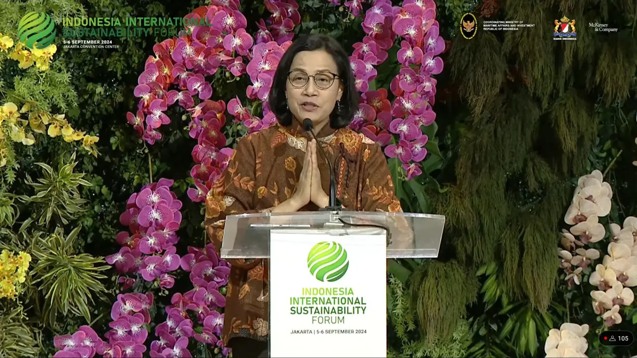Menteri Keuangan Sri Mulyani dalam Indonesia Sustainable Forum (ISF) 2024, di Jakarta Convention Center (JCC), Jumat (6/9/2024)