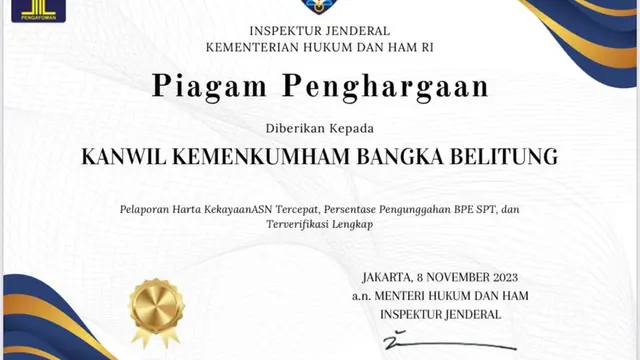 Penghargaan kedua terbaik pelaporan harta kekayaan ASN tercepat diraih Kanwil Kemenkumham Babel. (Foto: Kemenkumham)