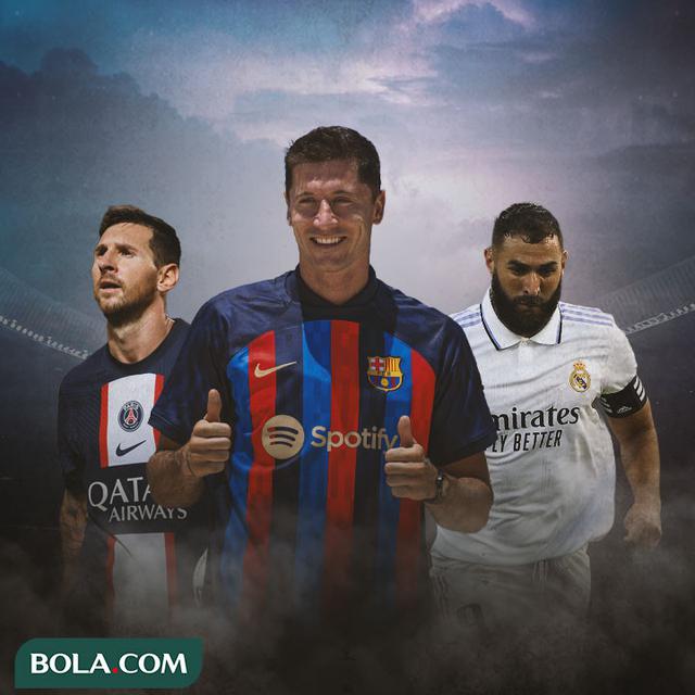 Ilustrasi - Lionel Messi, Robert Lewandowski, Karim Benzema
