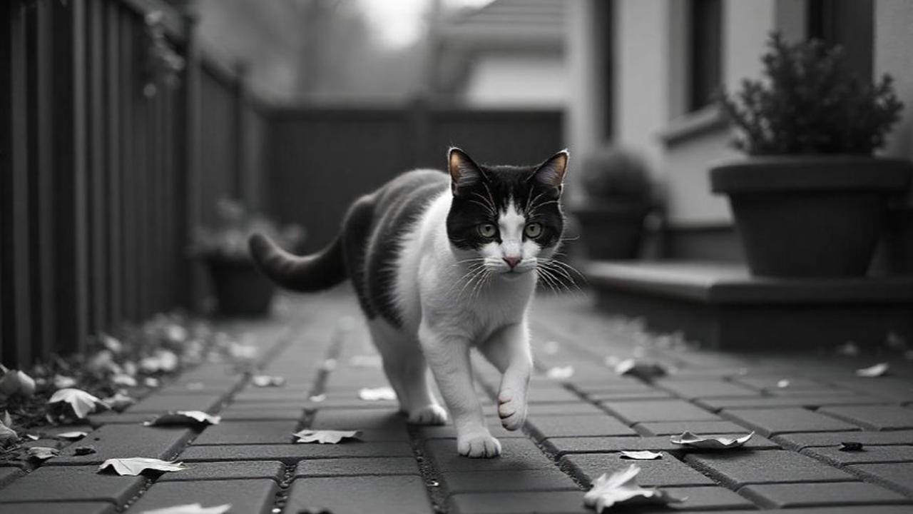 Ilustrasi kucing berjalan di teras rumah