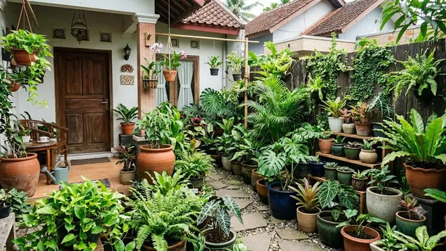 Inspirasi Taman Rumah dengan Nuansa Hutan Tropis sebagai Solusi Halaman Asri dan Estetik Model Menambahkan Pot Tanaman Berbagai Ukuran