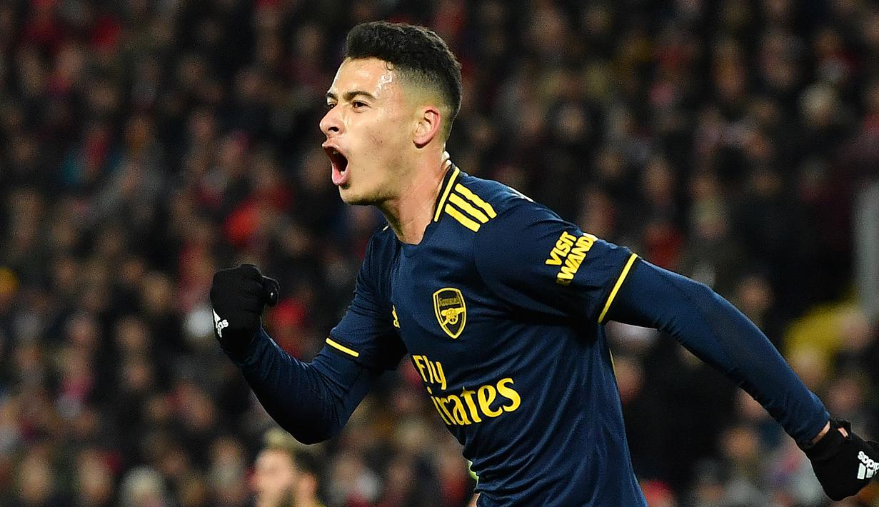 4. Gabriel Martinelli - Pemain berusia 19 tahun ini telah mencetak 10 gol dan 4 assist dalam 26 laga di semua kompetisi musim ini. Ia menjadi salah satu pemain belia yang mencetak 10 gol dalam semusim untuk Arsenal. (AFP/Paul Ellis)