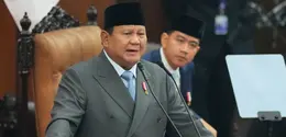 Presiden Prabowo Subianto saat menyampaikan pidato dalam Sidang Tahunan MPR RI dan Sidang Bersama DPR-DPD RI Tahun 2026 di Kompleks Parlemen, Jakarta, Jumat (14/8/2026). (AP/ Dita Alangkara)
