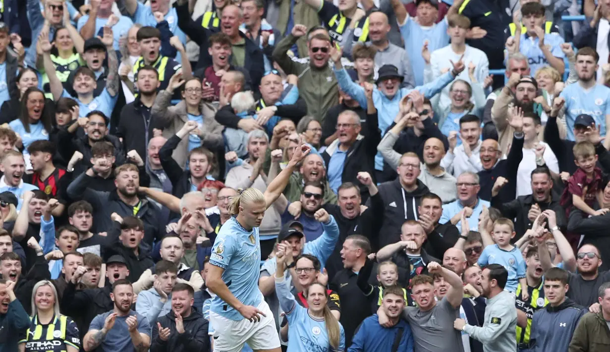 Manchester City meraih kemenangan pada pekan ke-4 Premier League 2024/2025, Sabtu (14/9/2024) malam WIB. Menjamu Brentford, The Citizens menang dengan skor 2-1. (AP Photo/Scott Heppel)