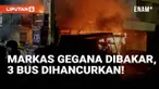 Markas Gegana di Jalan Kramat Raya, Senen, Jakarta Pusat, Jumat (29/8) malam, dilalap api setelah diduga dibakar massa aksi unjuk rasa.