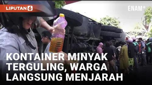 VIDEO: Langsung Dijarah! Kontainer Pengangkut Minyak 20 Ton Terguling di Makassar