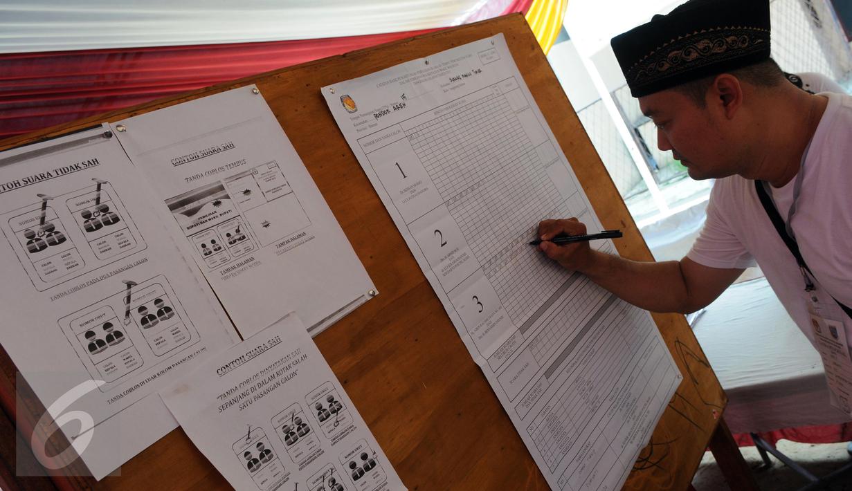 Panitia TPS 015 Jurangmangu Timur saat melakukan penghitungan di Tangerang Selatan, Banten, (9/12). Calon Walikota Tangerang Selatan, Airin Rachmi Diany Mendominasi suara dengan jumlah 212. (Liputan6.com/Helmi Afandi)