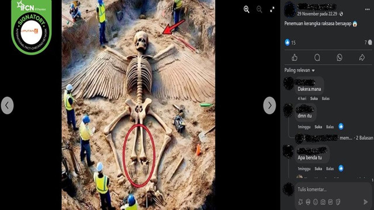 Gambar tangkapan layar foto yang diklaim penemuan kerangka manusia raksasa bersayap. (sumber: Facebook)