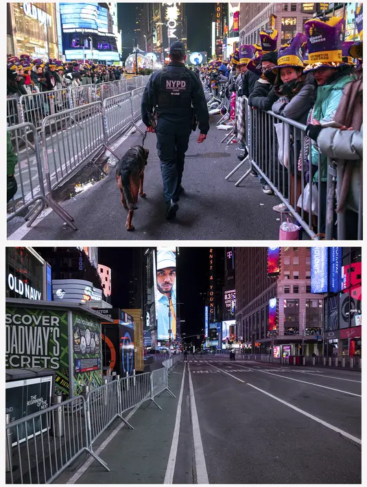 Dalam kombinasi foto petugas K-9 Departemen Kepolisian New York berjalan dengan anjingnya selama perayaan Malam Tahun Baru di sepanjang Seventh Avenue, di Times Square New York 31 Desember 2019. Di foto bawah, Seventh Avenue sebagian besar kosong pada 31 Desember 2020.  (AP Photo/Craig Ruttle)