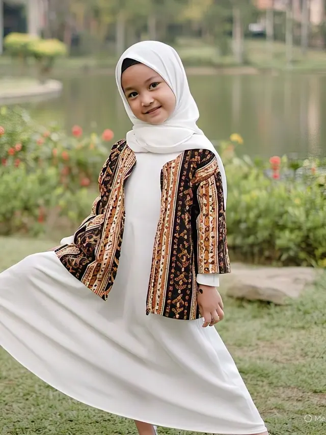 Baju gamis muslim polos dengan rompi etnik untuk anak perempuan/Gambar Meta AI