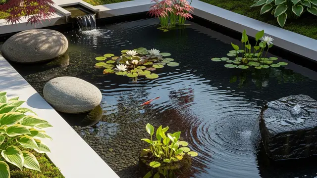 Kolam Ikan Minimalis dengan Air Terjun Mini di Sudut Taman