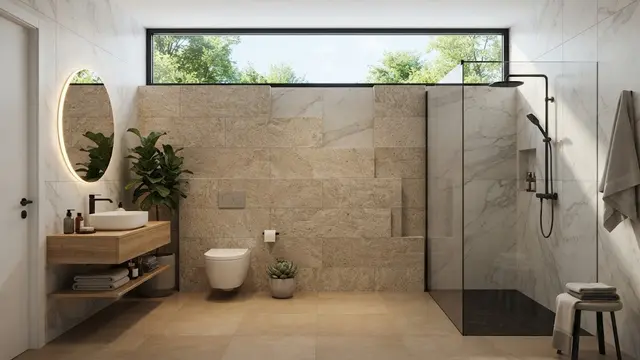 Desain Kamar Mandi dengan Jendela Atas dan Dinding Privasi Bertingkat