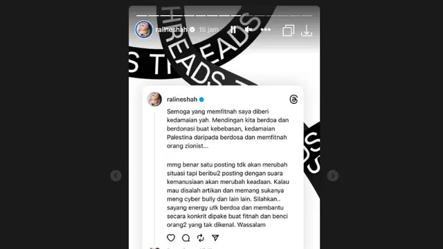 Raline Shah Bereaksi Usai Dirujak Warganet Imbas Komentar Soal Konflik Israel vs Palestina: Tuhan Tahu Saya Support Palestina Sejak Lahir. (instagram.com/ralineshah)
