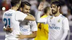 Pemain Real Madrid merayakan gol yang dicetak oleh Borja Mayoral ke gawang MLS All-Star pada laga persahabatan di Soldier Field, Chicago, Kamis (3/8/2017). Real Madrid menang 4-2 atas MLS All-Star melalui adu penalti. (AP/Nam Y. Huh)