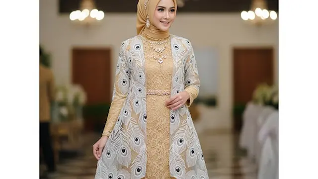 Long Dress Brokat Gold dengan Outer Motif Bulu Merak