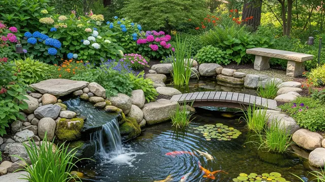 Kolam Ikan Minimalis dengan Air Terjun Mini di Sudut Taman