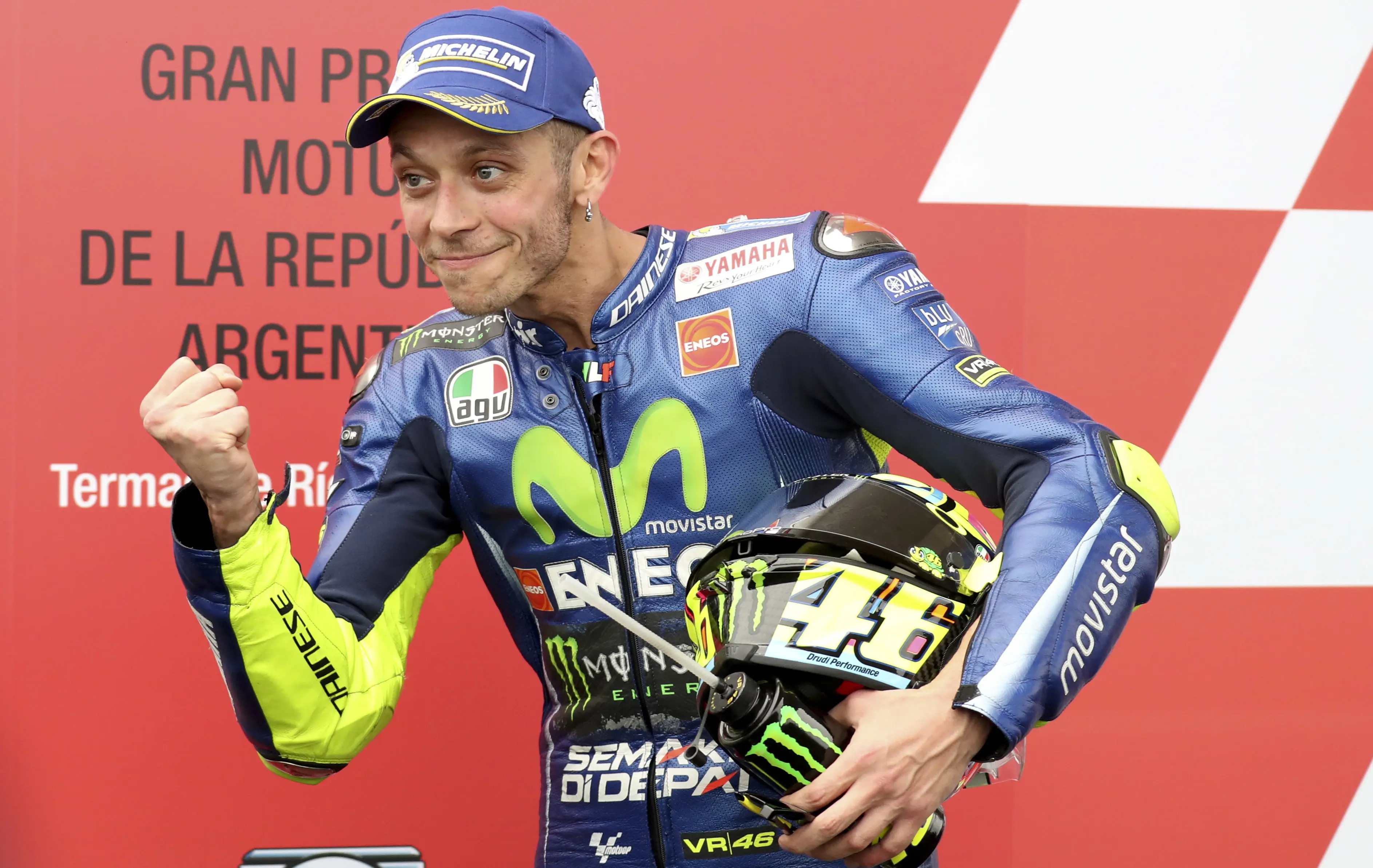 Pembalap Movistar Yamaha Valentino Rossi selalu naik podium di dua seri awal balapan MotoGP 2017. (AP Photo/Nicolas Aguilera)